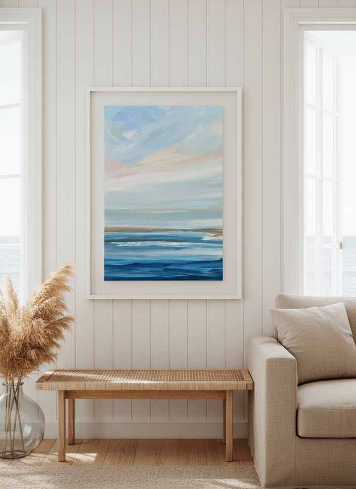 Neutral wall art displayed in a sunny coastal beach house