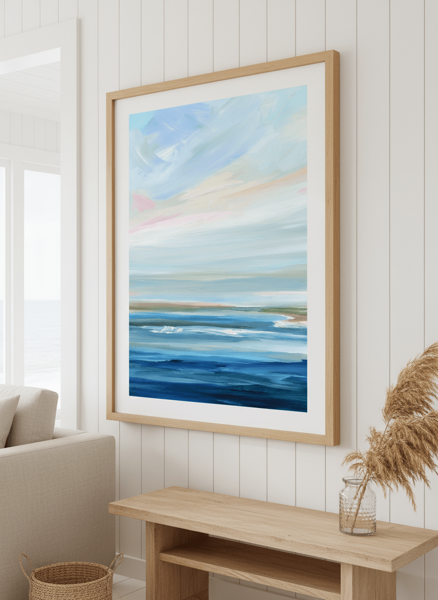 Neutral wall art displayed in a sunny coastal beach house