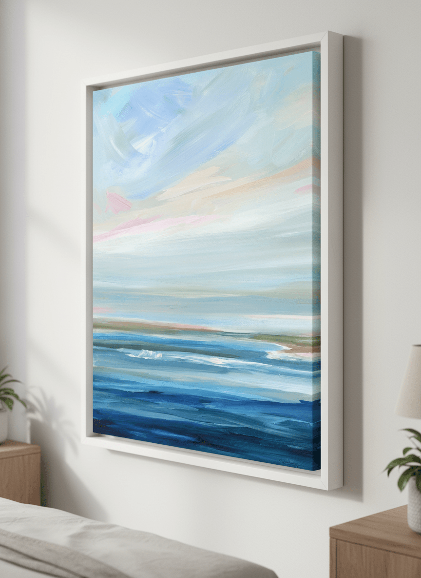 Minimalist artwork displayed in a calm, light-filled bedroom interior