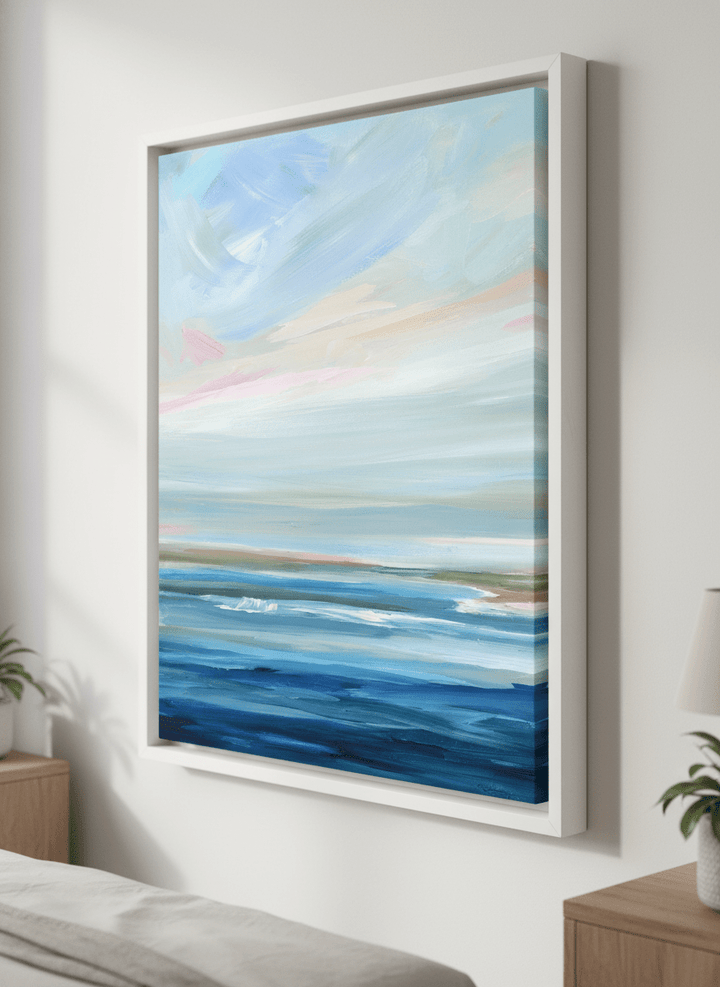 Minimalist artwork displayed in a calm, light-filled bedroom interior