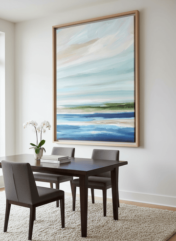 Monumental artwork centred on a feature wall in a luxe interior