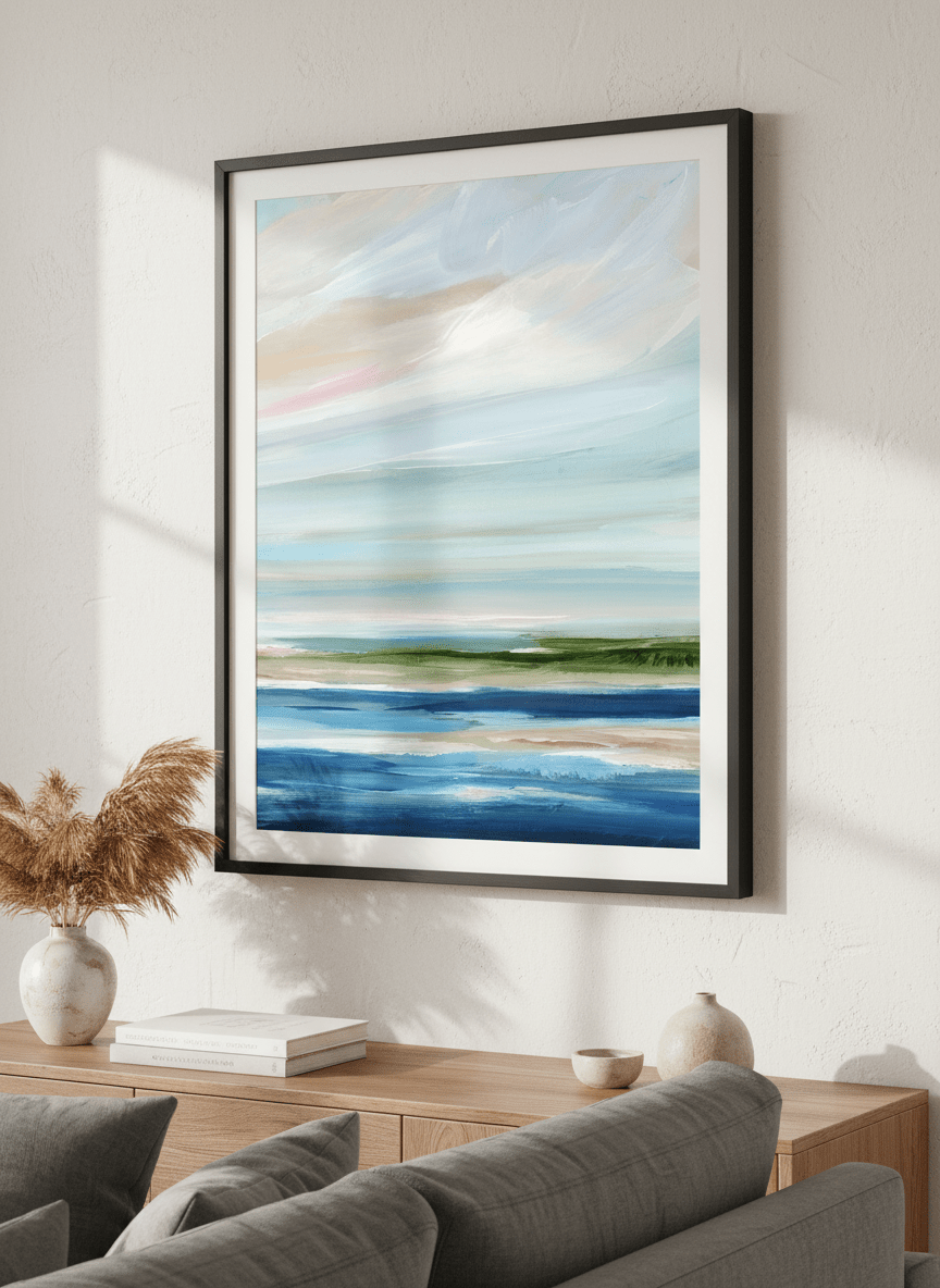 Modern wall art styled above a sofa in a neutral living room
