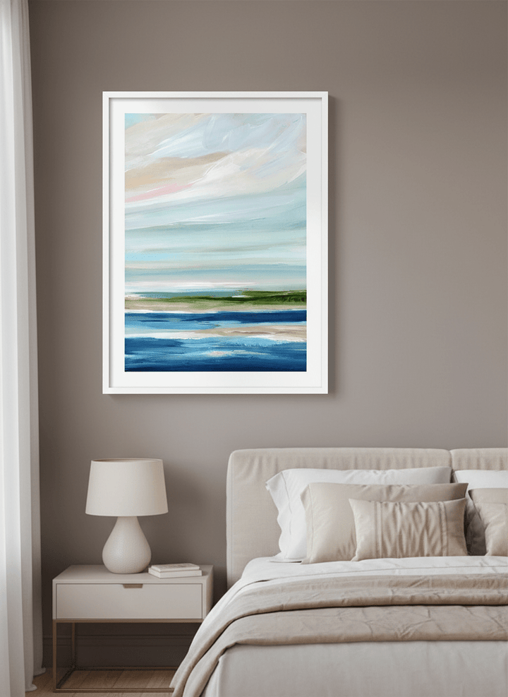 Minimalist artwork displayed in a calm, light-filled bedroom interior
