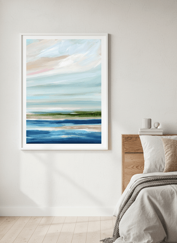 Minimalist artwork displayed in a calm, light-filled bedroom interior