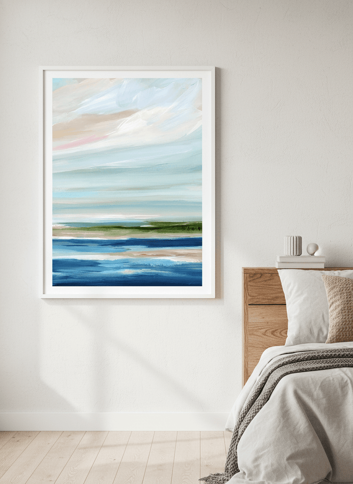 Minimalist artwork displayed in a calm, light-filled bedroom interior