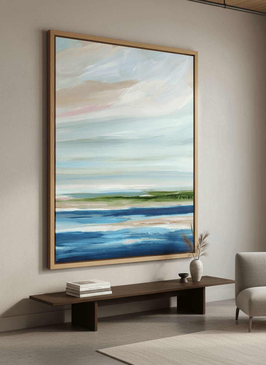 Monumental artwork centred on a feature wall in a luxe interior