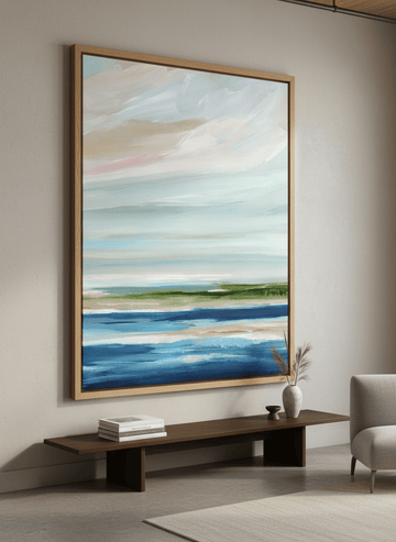 Monumental artwork centred on a feature wall in a luxe interior