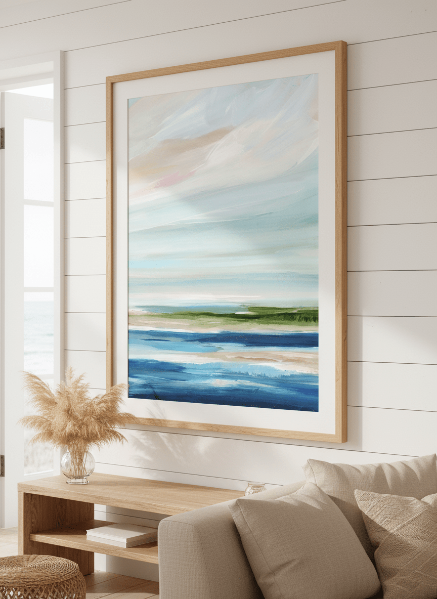 Neutral wall art displayed in a sunny coastal beach house