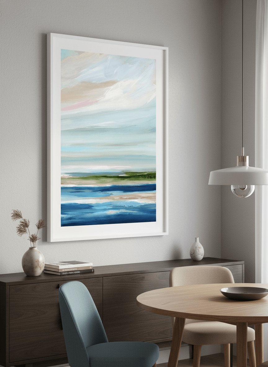 Wall art styled above a dining table in a contemporary home