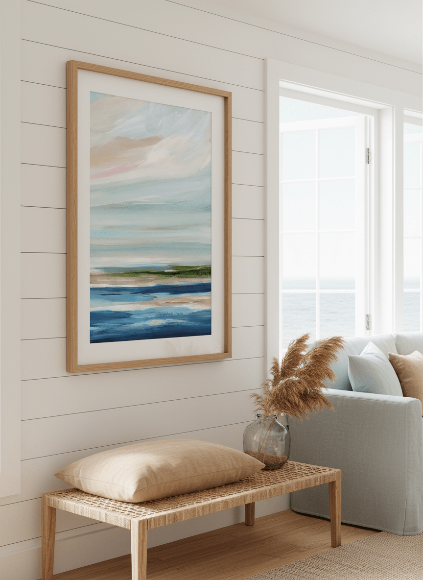 Neutral wall art displayed in a sunny coastal beach house