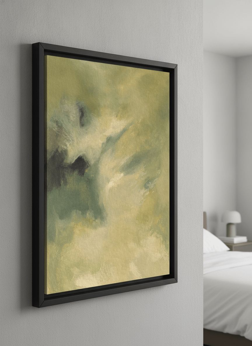 Minimalist artwork displayed in a calm, light-filled bedroom interior