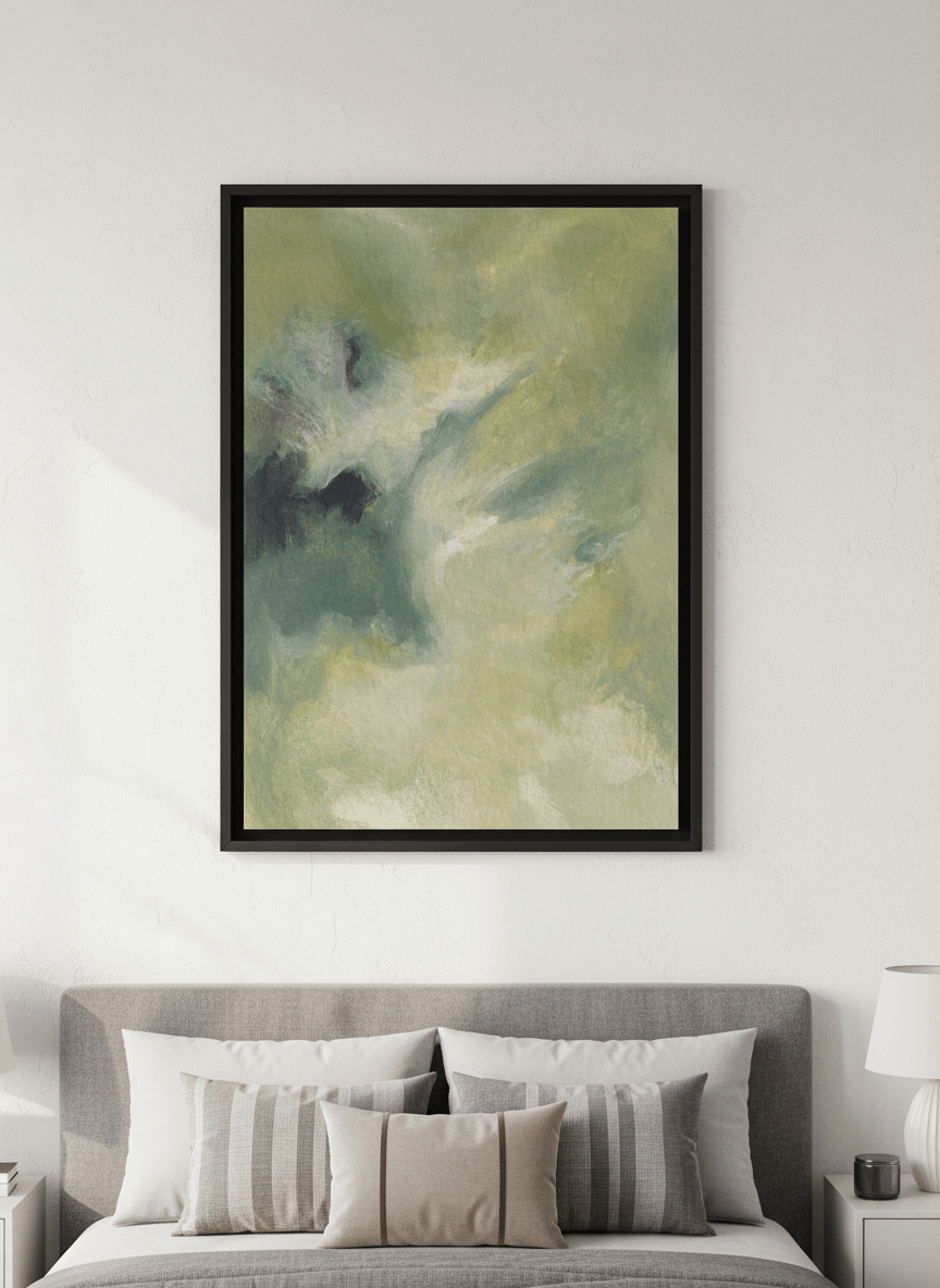 Minimalist artwork displayed in a calm, light-filled bedroom interior
