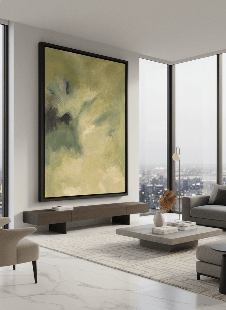Monumental artwork centred on a feature wall in a luxe interior
