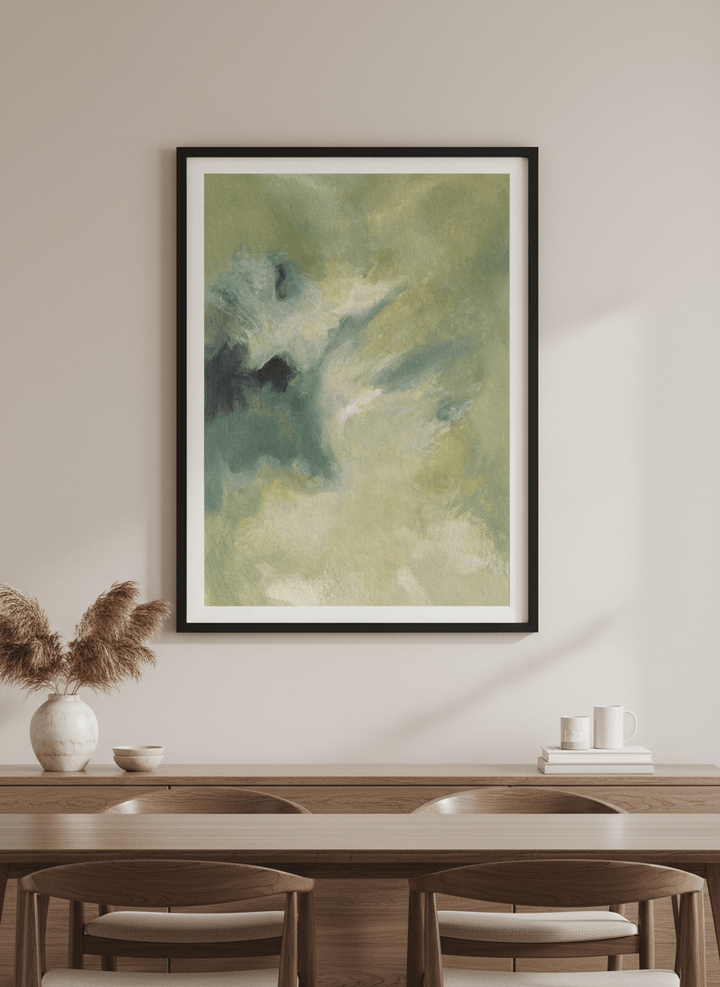 Wall art styled above a dining table in a contemporary home