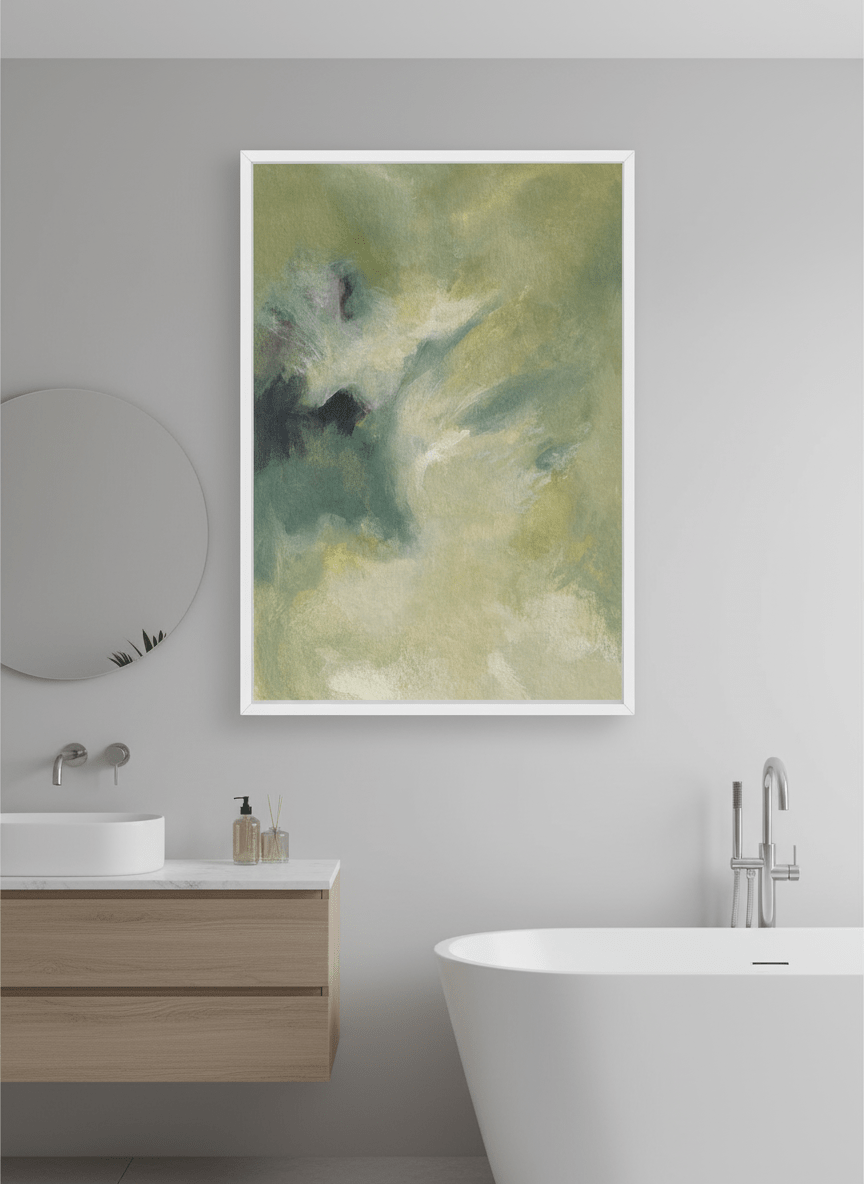 Modern print displayed in a clean minimalist bathroom setting