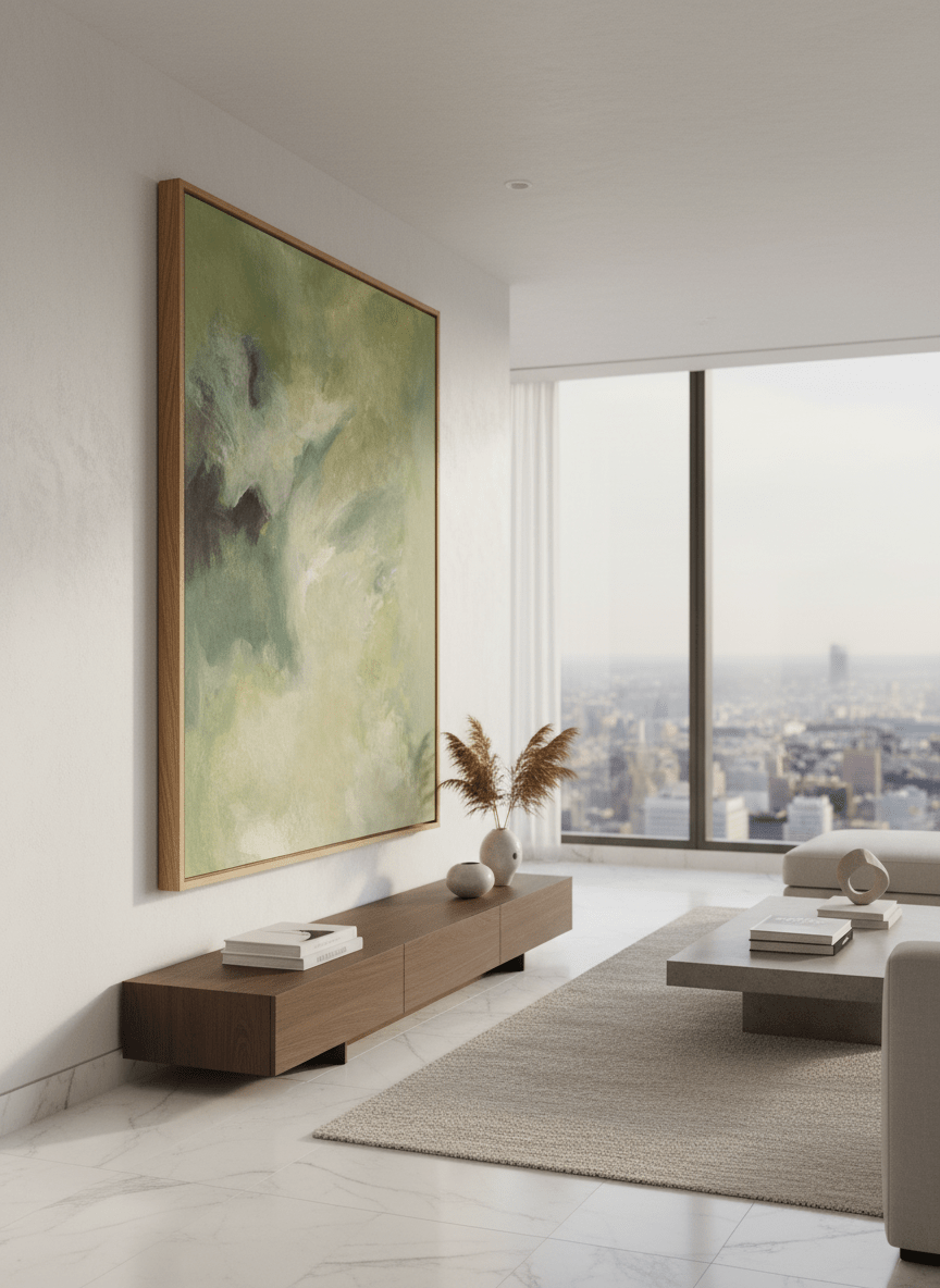 Monumental artwork centred on a feature wall in a luxe interior