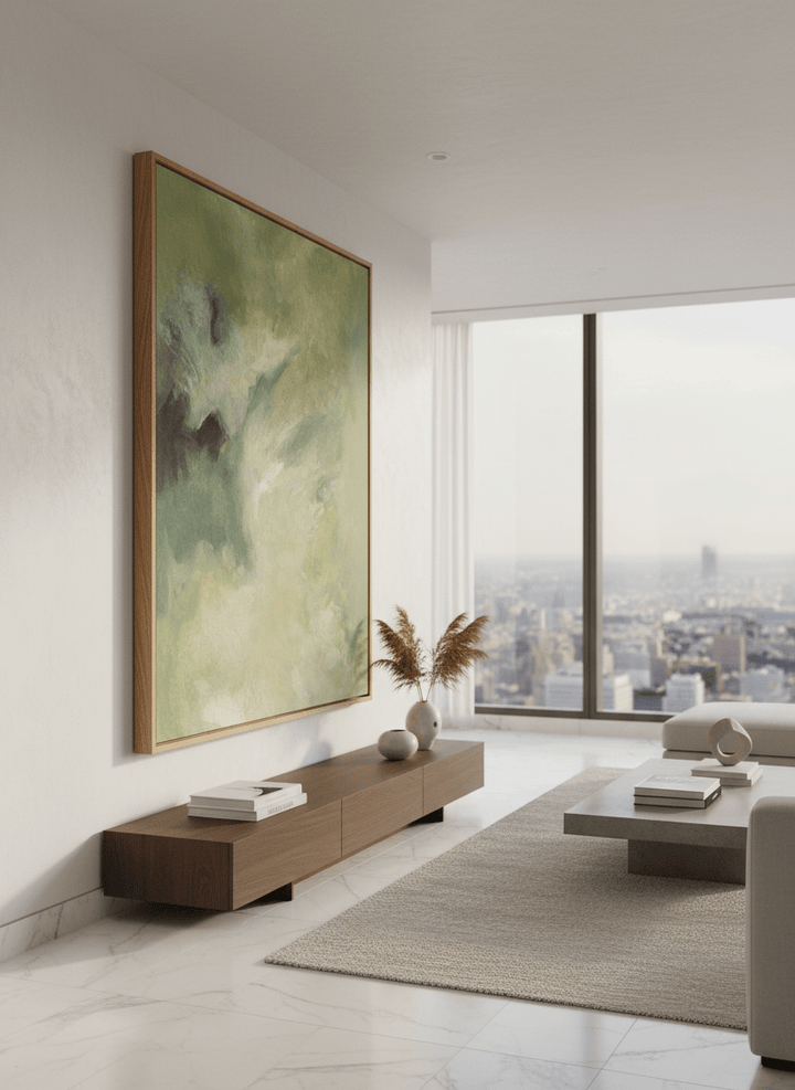 Monumental artwork centred on a feature wall in a luxe interior