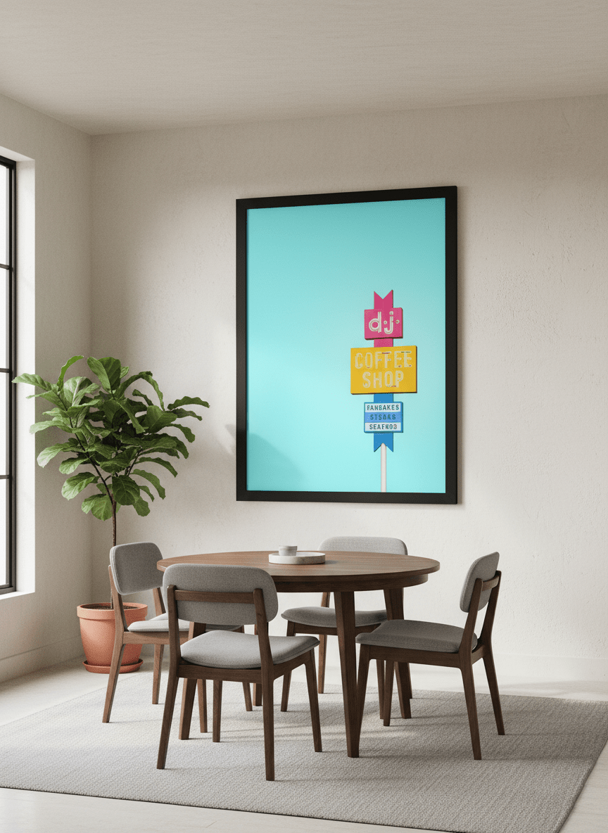 Wall art styled above a dining table in a contemporary home