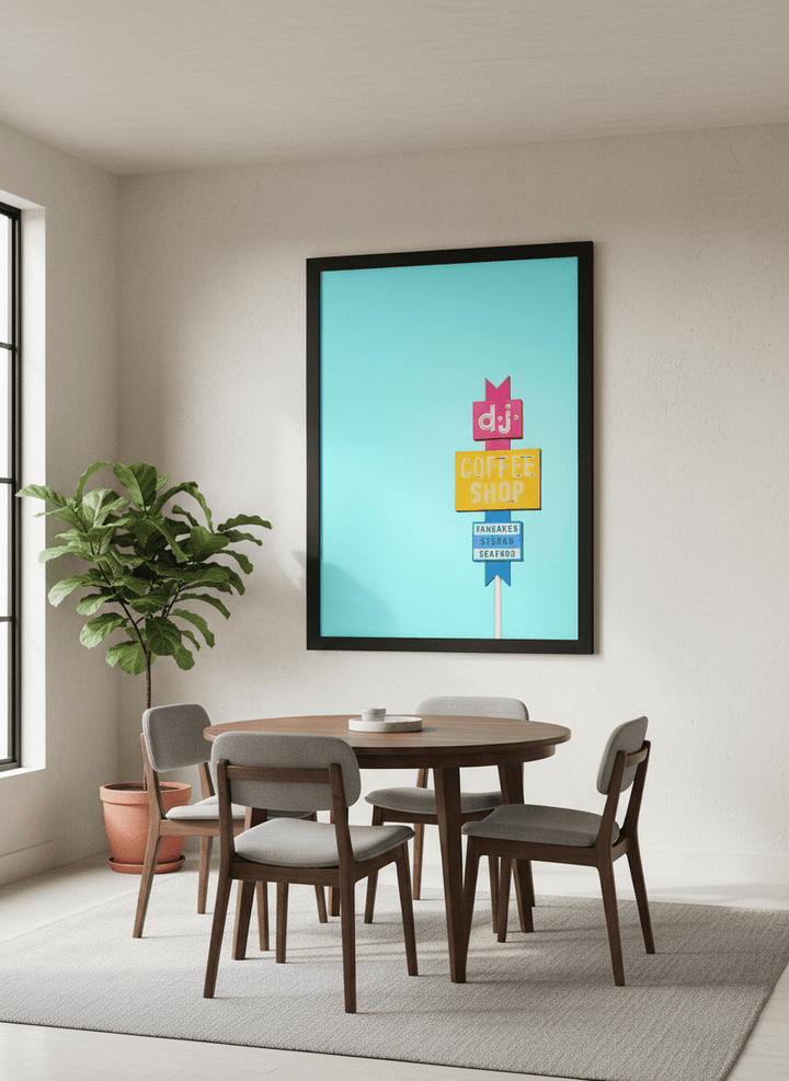 Wall art styled above a dining table in a contemporary home