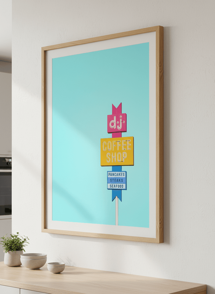 Artwork styled on the wall of a bright modern kitchen