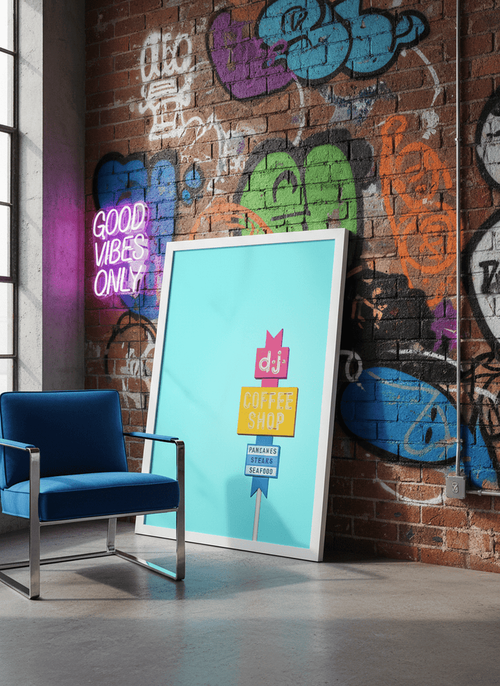 Bold wall art styled in a colourful, eclectic modern home