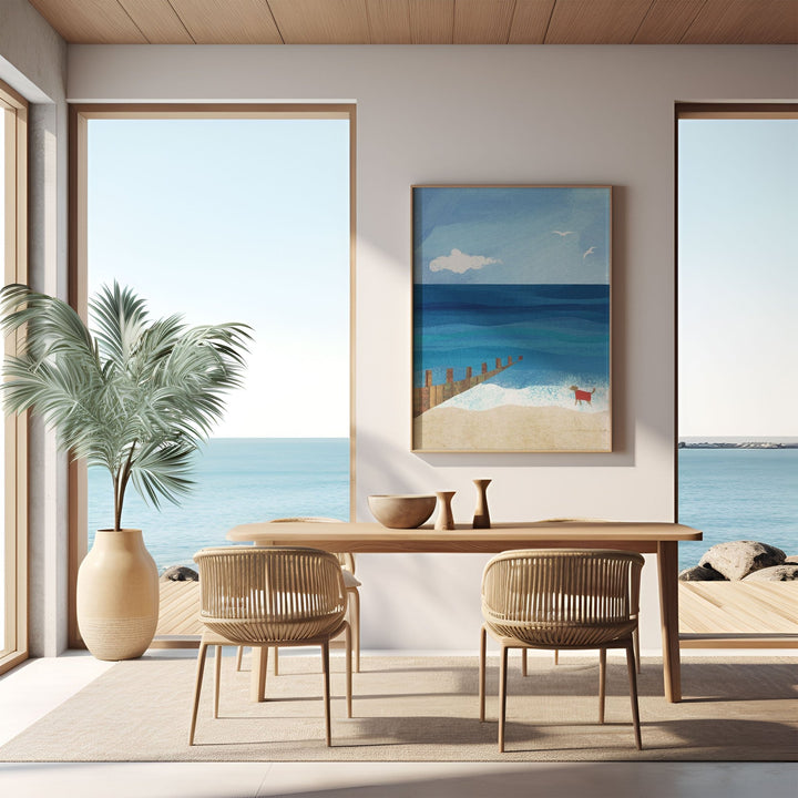 Modern dining room with ocean view, wooden table, and chairs.