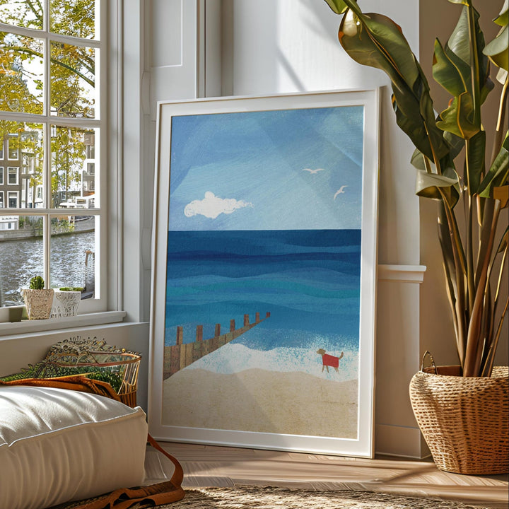 Living room with a large window, sofa, and beach painting.