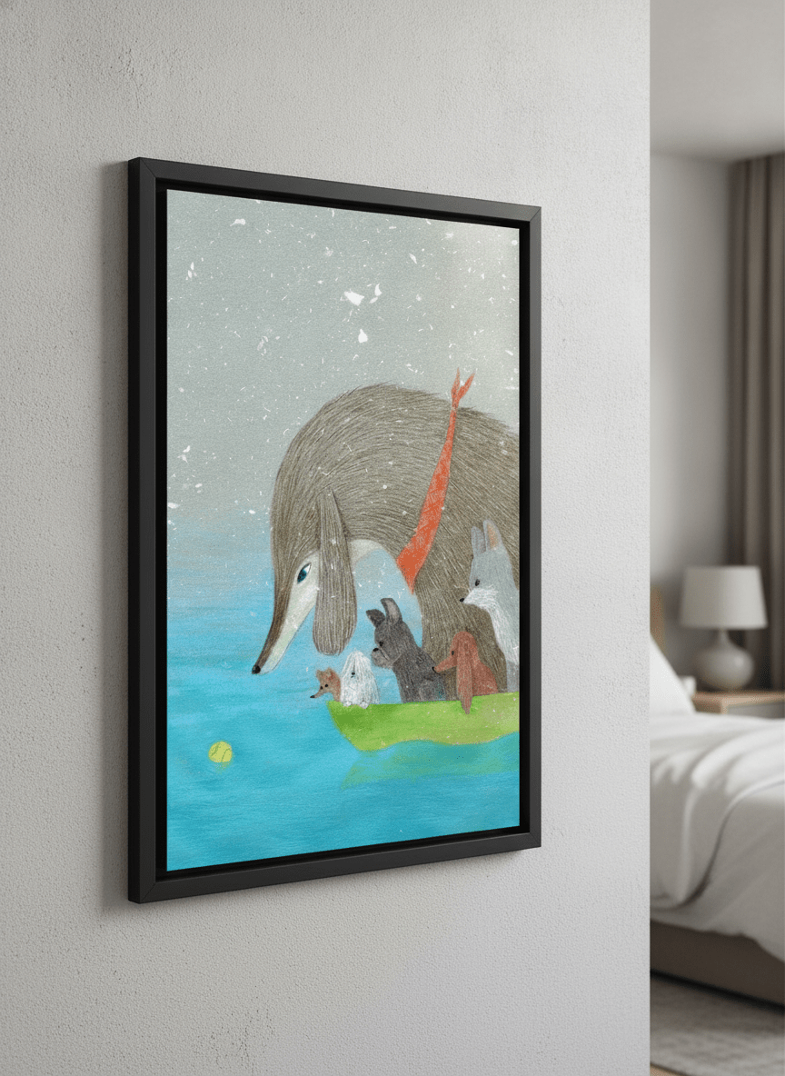 Minimalist artwork displayed in a calm, light-filled bedroom interior