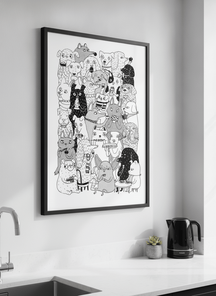 Artwork styled on the wall of a bright modern kitchen