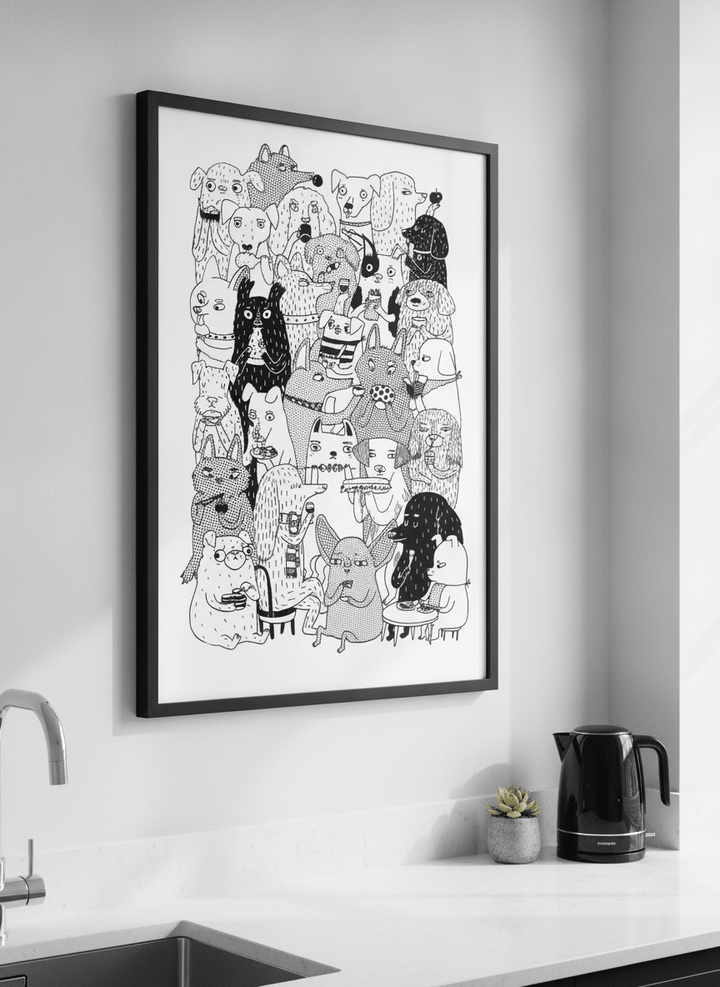 Artwork styled on the wall of a bright modern kitchen
