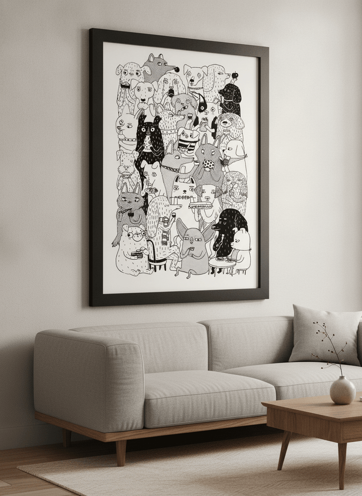 Modern wall art styled above a sofa in a neutral living room