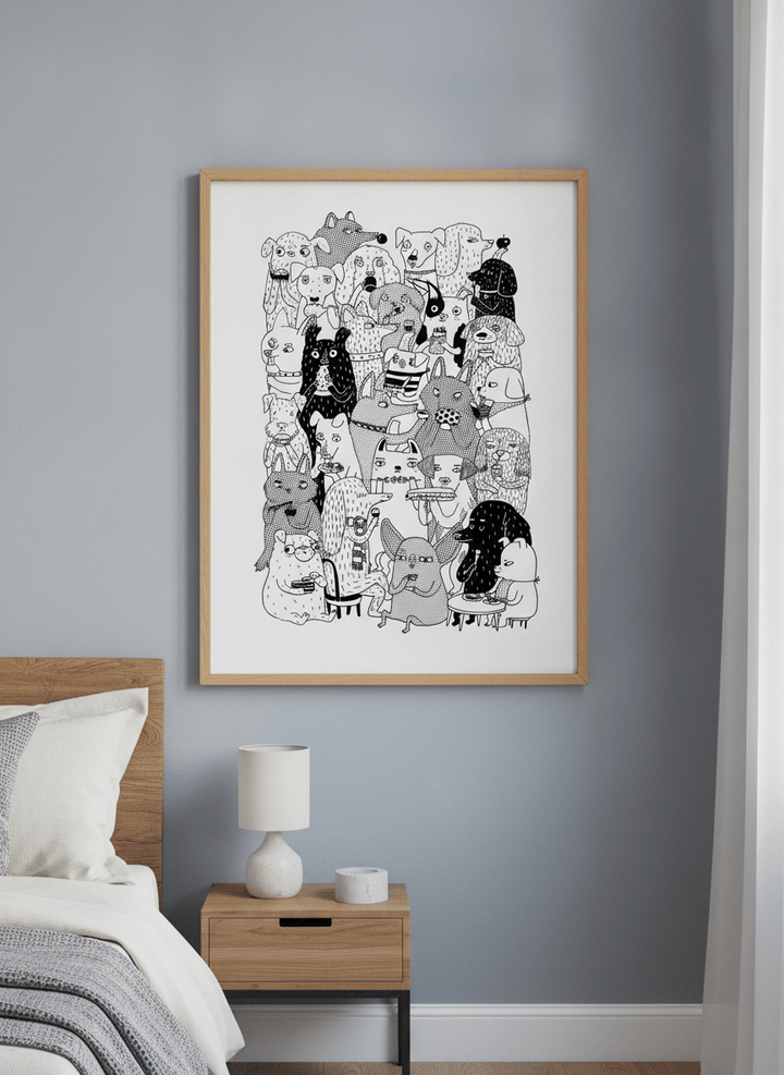 Minimalist artwork displayed in a calm, light-filled bedroom interior
