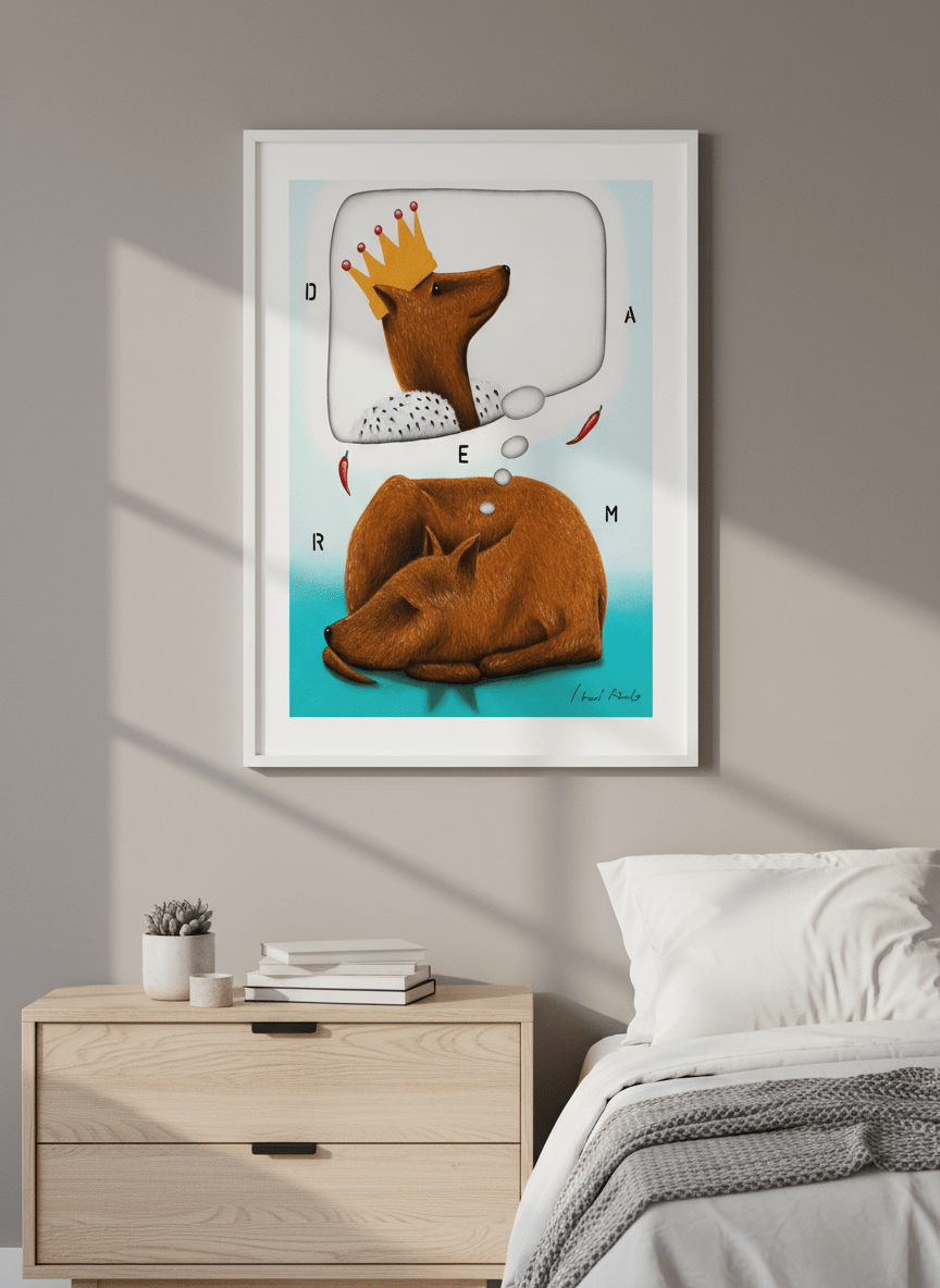Minimalist artwork displayed in a calm, light-filled bedroom interior