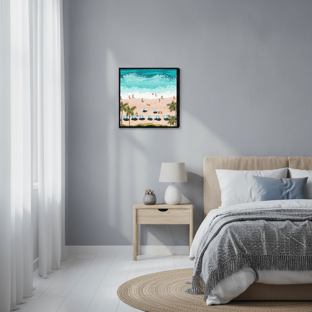 Canvas wall art with a black surround styled in a calm, light-filled bedroom