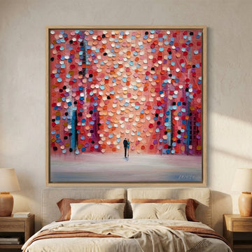 Canvas wall art with a natural timber surround styled in a calm, light-filled bedroom