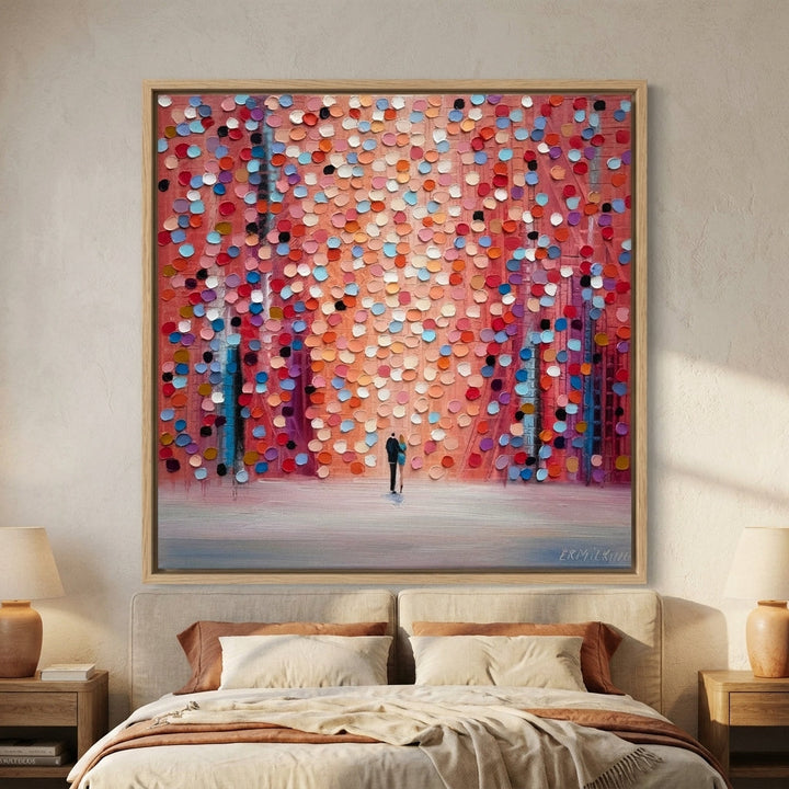 Canvas wall art with a natural timber surround styled in a calm, light-filled bedroom