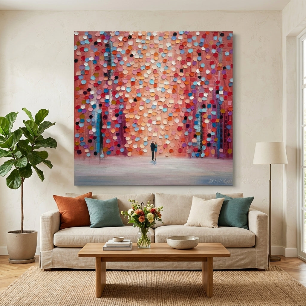 Stretched canvas wall art styled in a neutral living room
