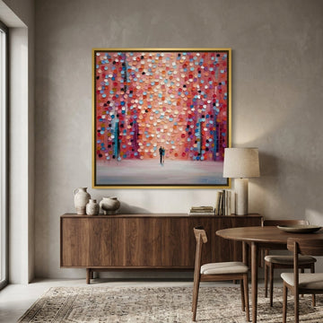 Canvas wall art with a gold leaf surround styled in a contemporary dining room