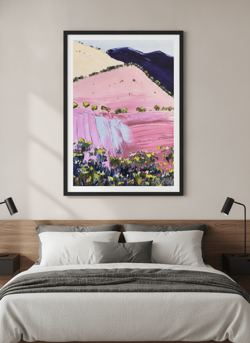 Minimalist artwork displayed in a calm, light-filled bedroom interior