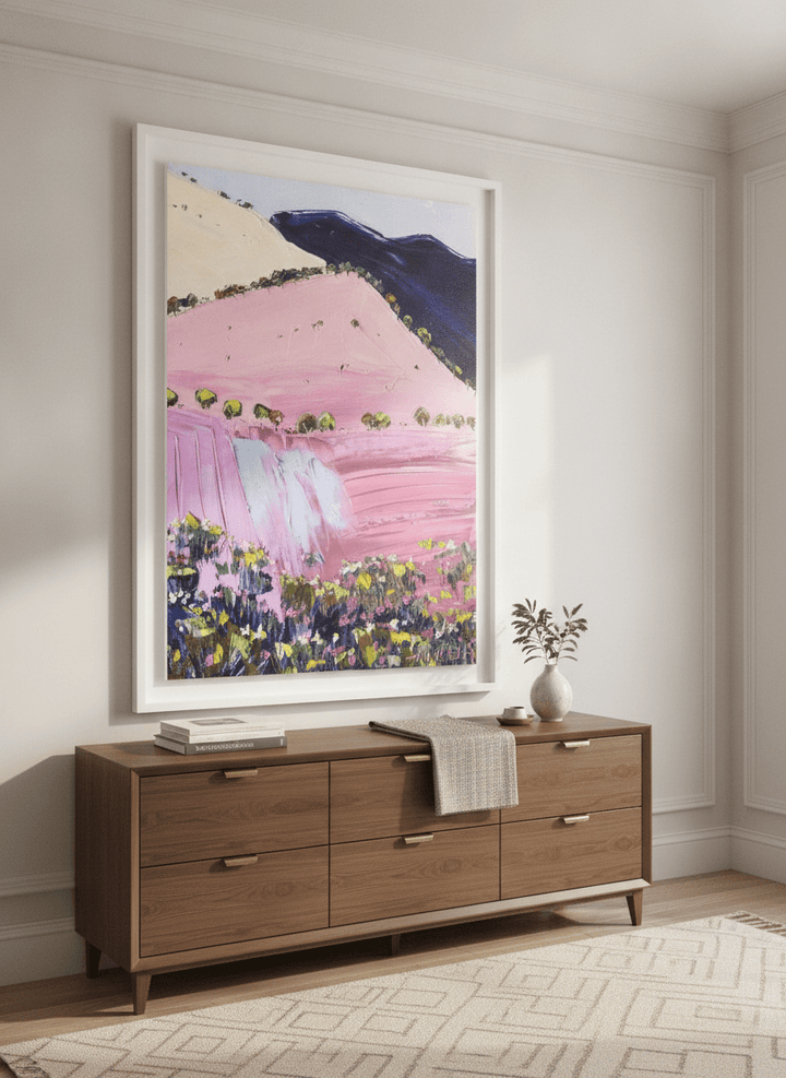 Monumental artwork centred on a feature wall in a luxe interior
