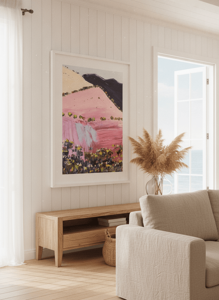 Neutral wall art displayed in a sunny coastal beach house