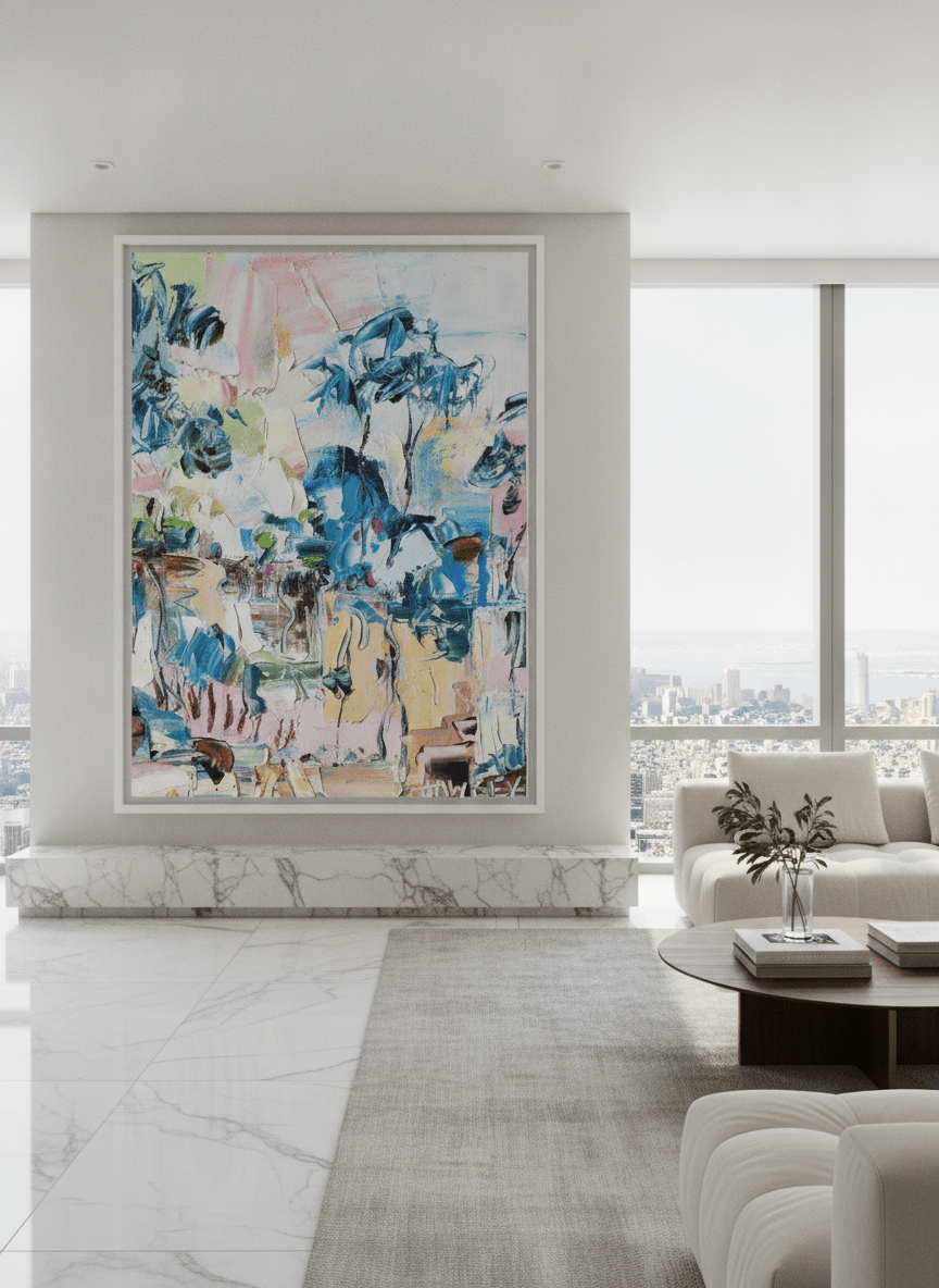 Monumental artwork centred on a feature wall in a luxe interior