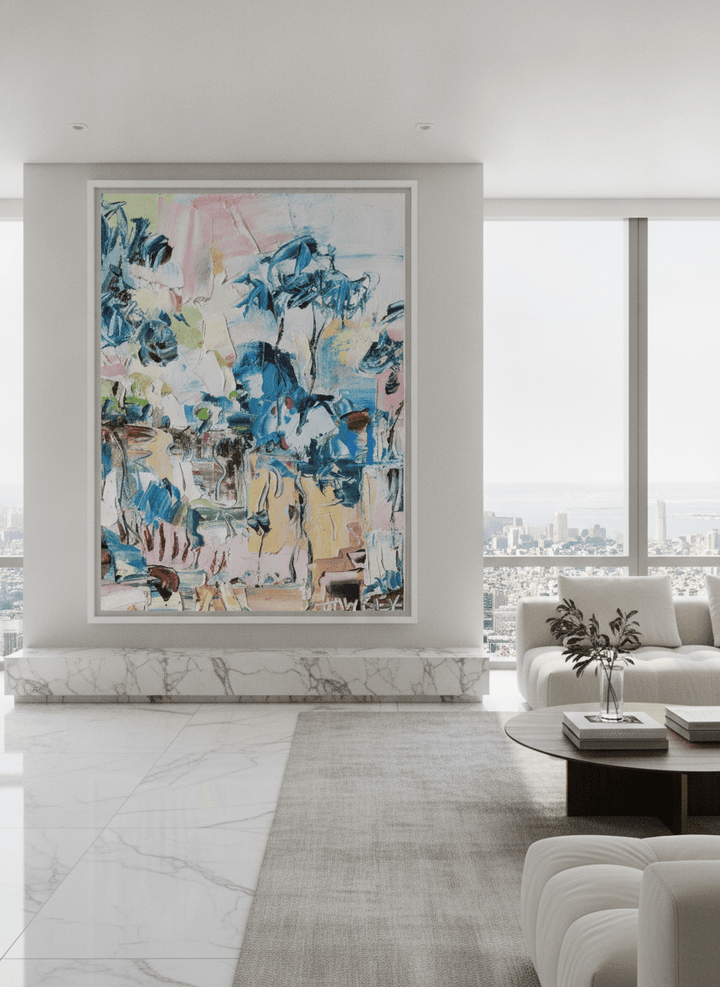 Monumental artwork centred on a feature wall in a luxe interior