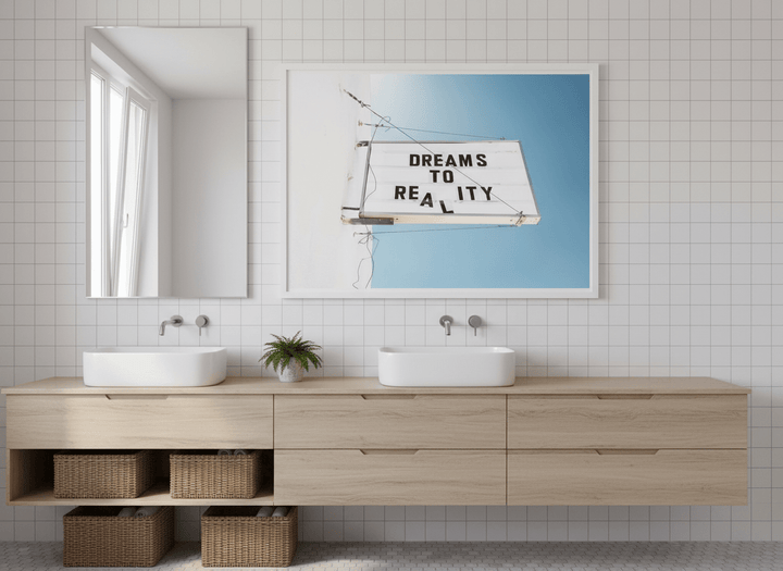 Modern print displayed in a clean minimalist bathroom setting