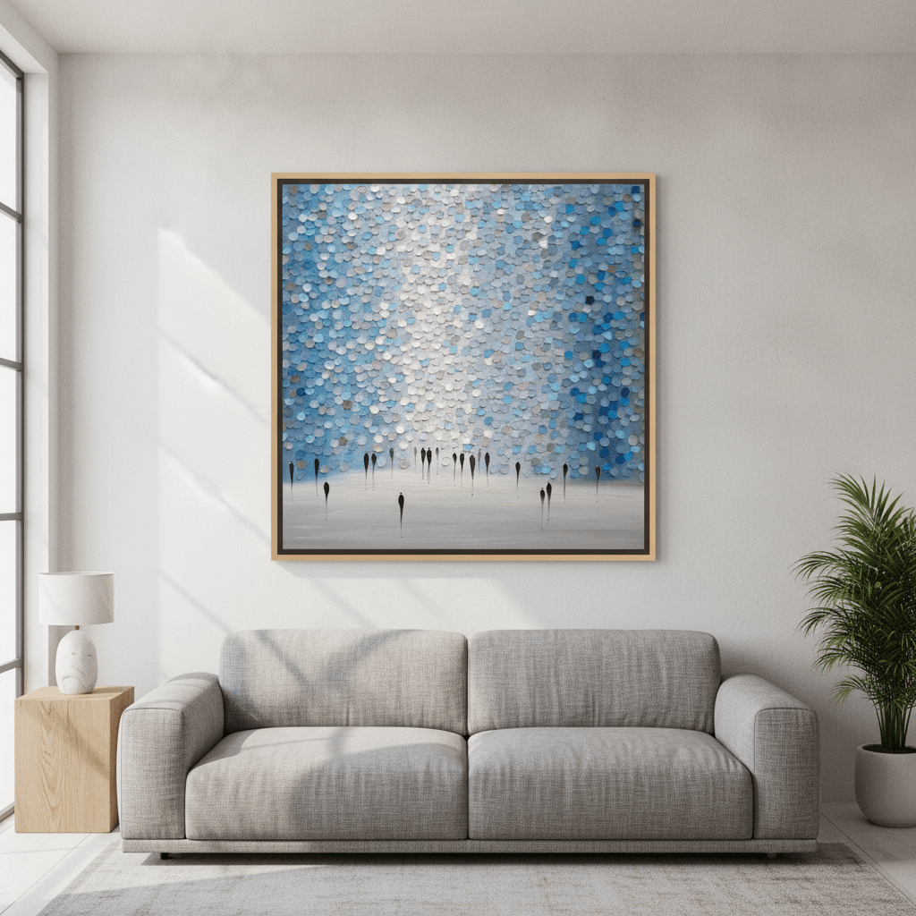Oversized statement canvas wall art with a natural timber surround styled in a calm, light-filled bedroom