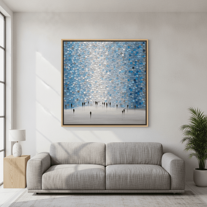 Oversized statement canvas wall art with a natural timber surround styled in a calm, light-filled bedroom
