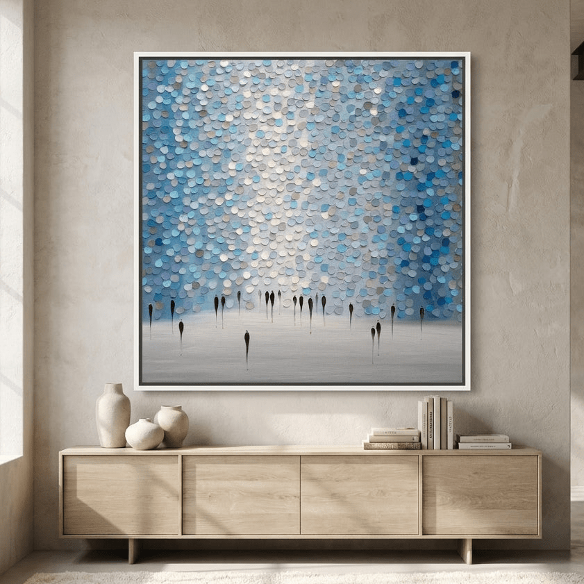 Oversized statement canvas wall art with a white surround styled in a luxe interior