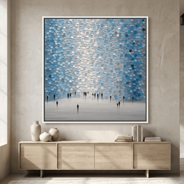Oversized statement canvas wall art with a white surround styled in a luxe interior
