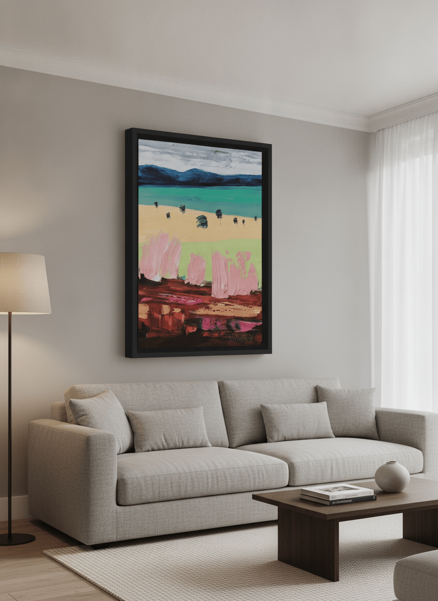 Modern wall art styled above a sofa in a neutral living room