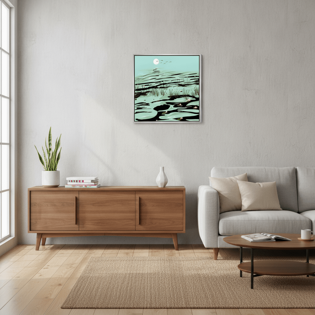 Canvas wall art with a silver leaf surround styled in a neutral living room